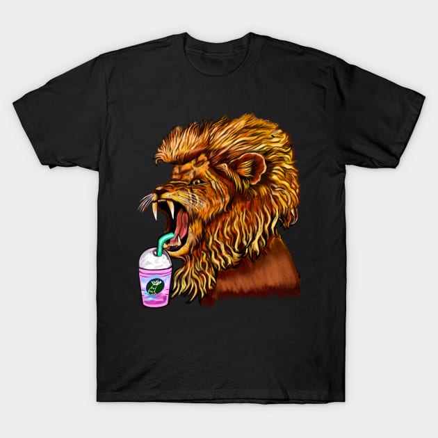 Thirsty Lion - cute funny roaring lion having an iced coffee drink. The conquering lion T-Shirt by Artonmytee